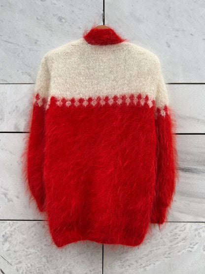 Cardigan rød/ hvit mohair