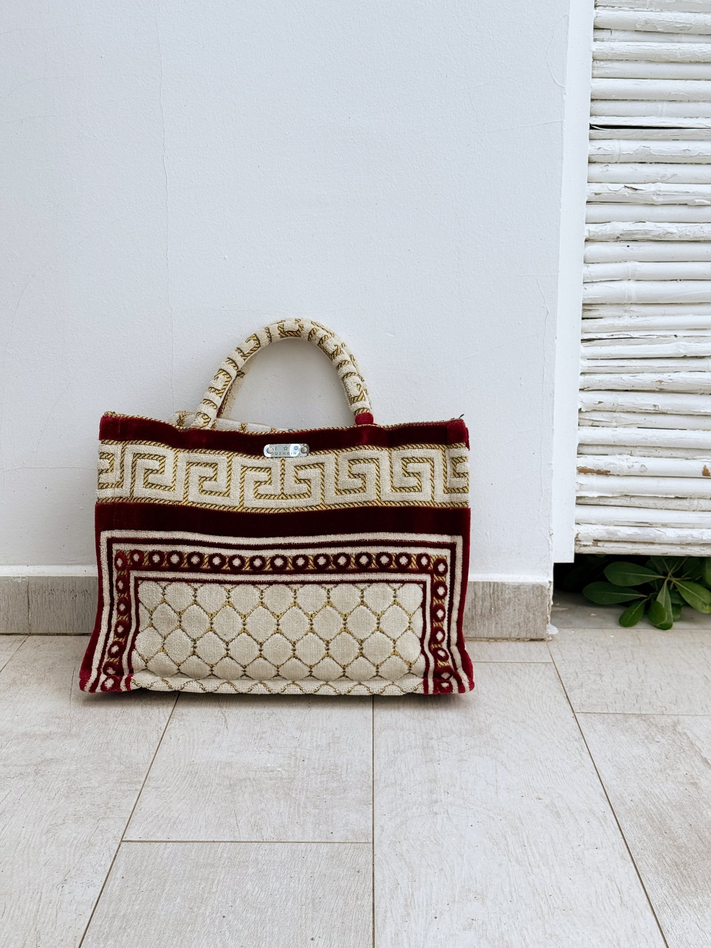 Veske vinrød/gul/lys beige