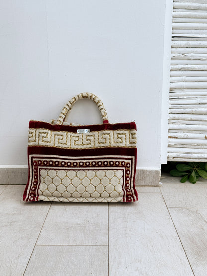 Veske vinrød/gul/lys beige