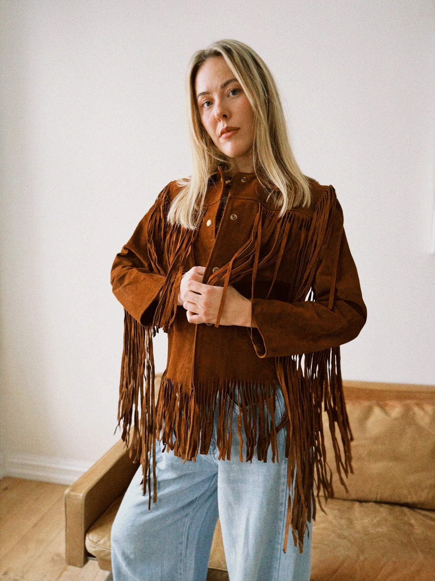 Jakke semsket cognac med frynser