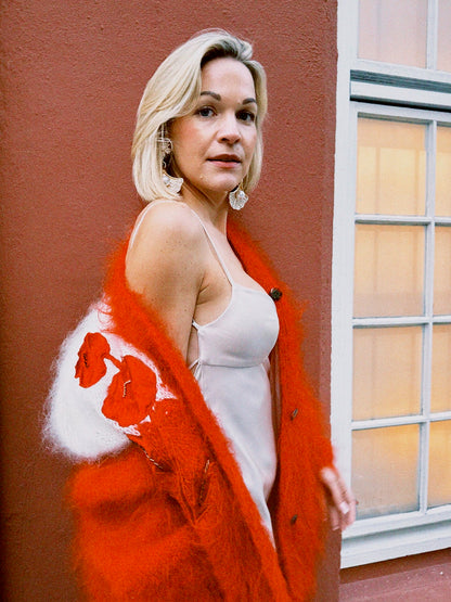 Cardigan rød/ hvit mohair